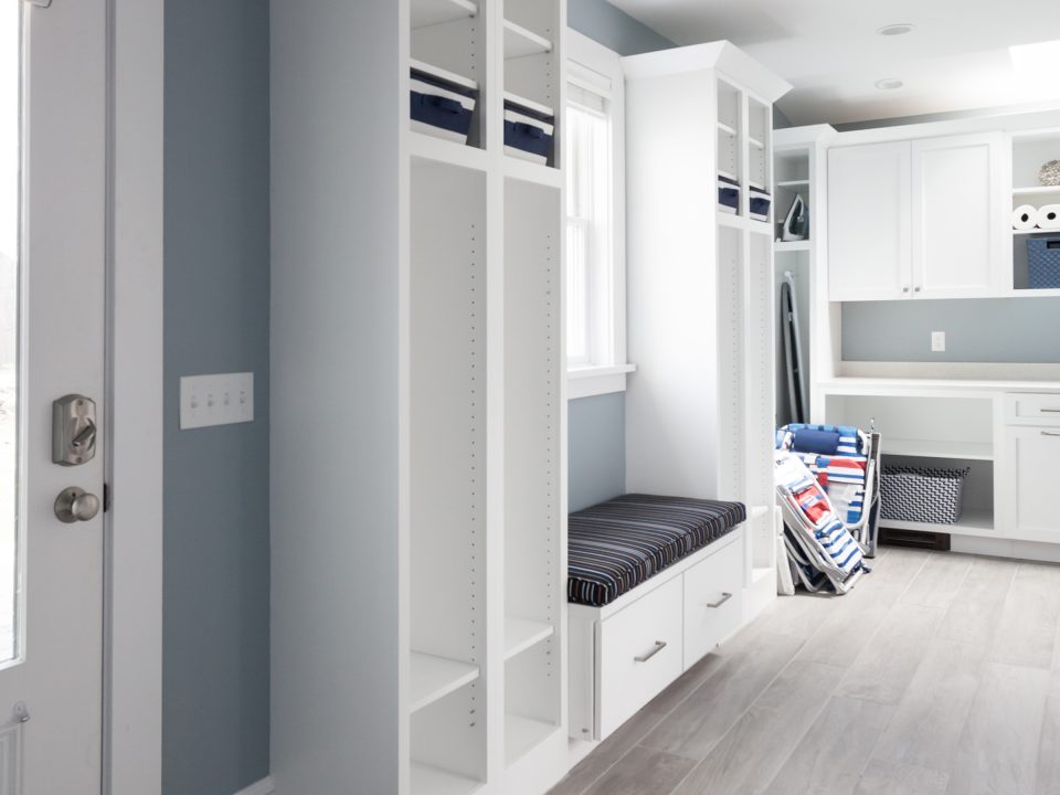 White and Gray Laundry Room and Mudd Room - Homecrest Cabinetry